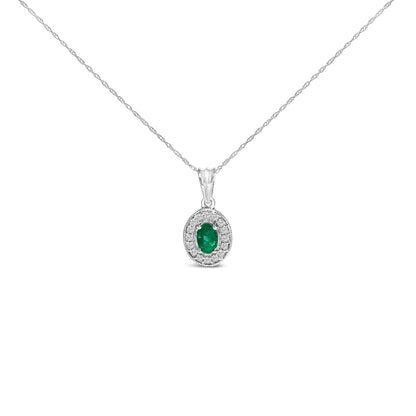 14K White Gold Oval 6x4 MM Green Emerald and Diamond Halo Pendant Necklace - 18 inch Bids.com
