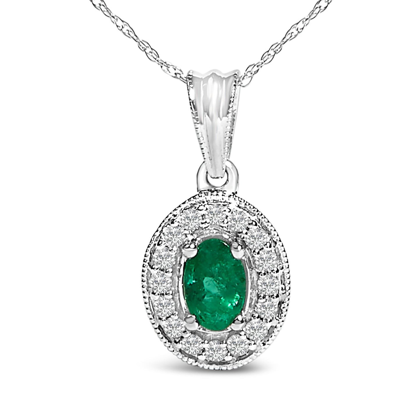 14K White Gold Oval 6x4 MM Green Emerald and Diamond Halo Pendant Necklace - 18 inch Bids.com