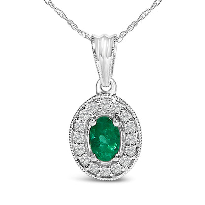 14K White Gold Oval 6x4 MM Green Emerald and Diamond Halo Pendant Necklace - 18 inch Bids.com