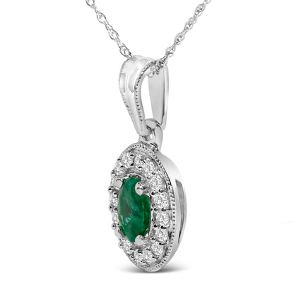 14K White Gold Oval 6x4 MM Green Emerald and Diamond Halo Pendant Necklace - 18 inch Bids.com
