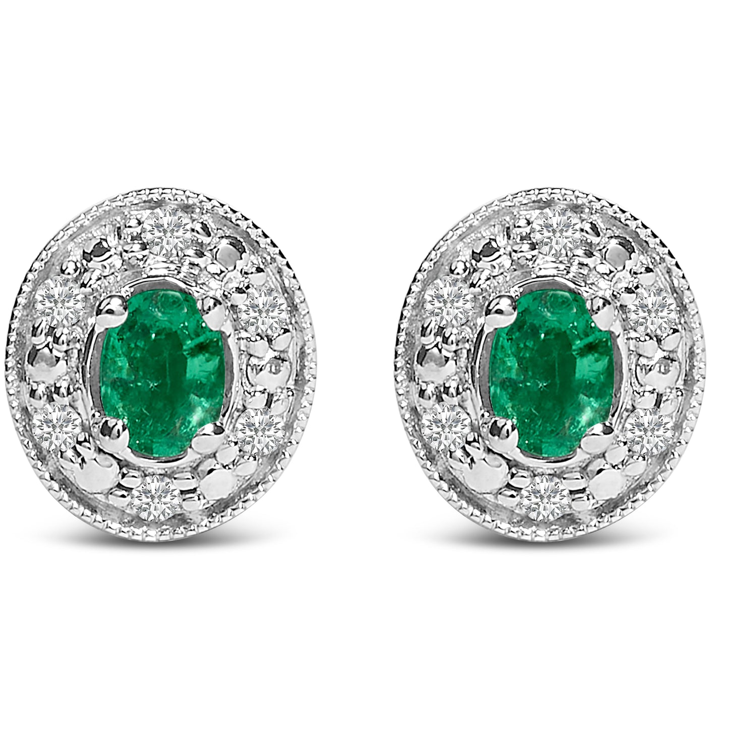 14K White Gold Oval Green Emerald and 1/10 Cttw Diamond Halo Stud Earrings  (I-J Color, I1-I2 Clarity) Bids.com