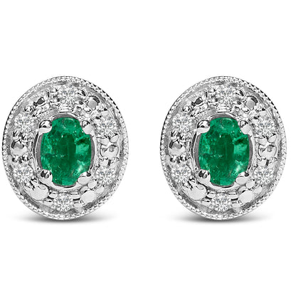 14K White Gold Oval Green Emerald and 1/10 Cttw Diamond Halo Stud Earrings  (I-J Color, I1-I2 Clarity) Bids.com
