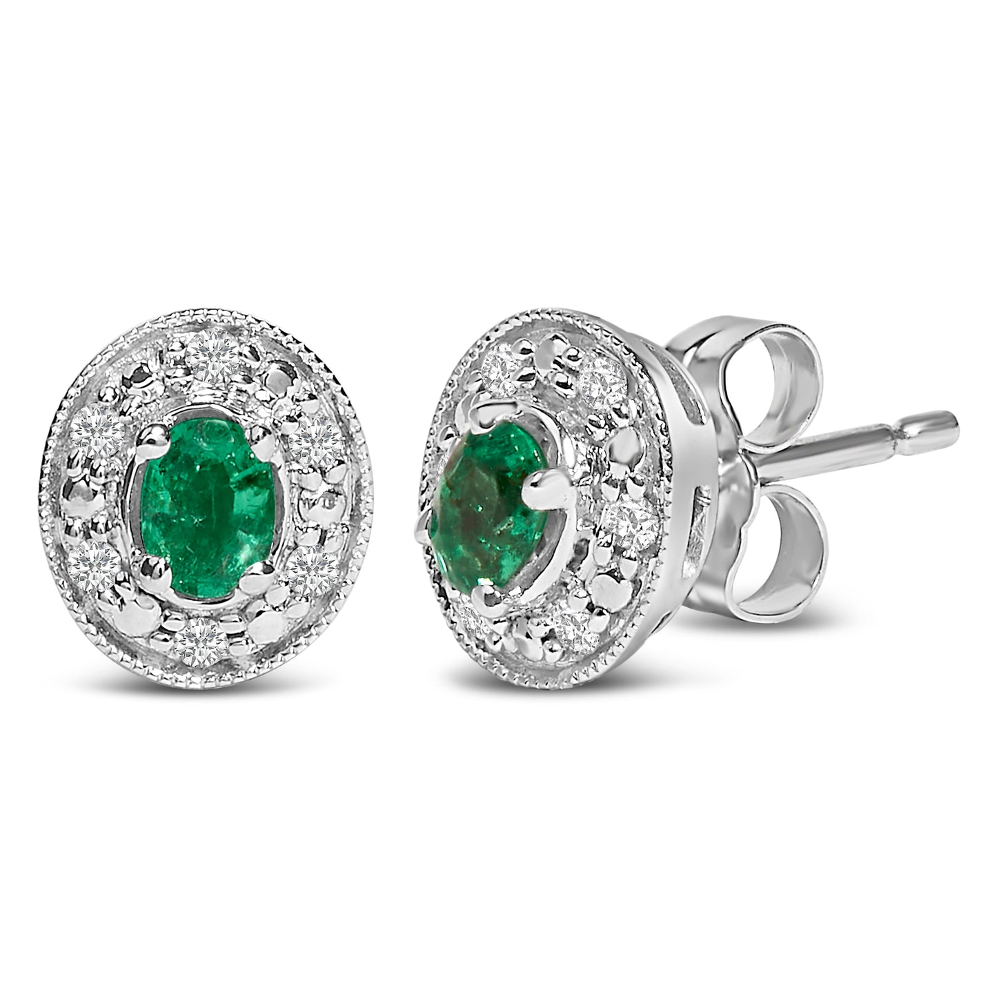 14K White Gold Oval Green Emerald and 1/10 Cttw Diamond Halo Stud Earrings  (I-J Color, I1-I2 Clarity) Bids.com