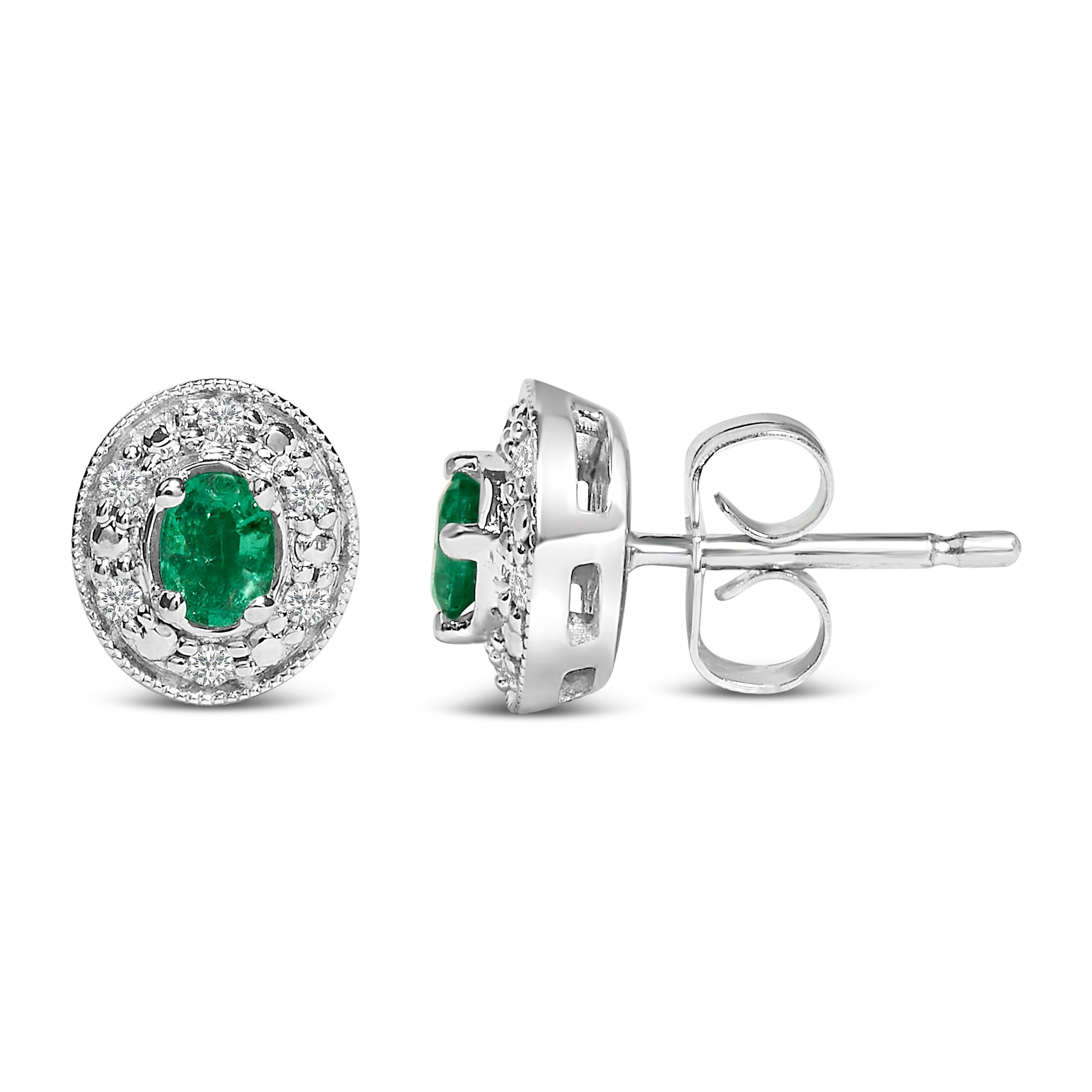 14K White Gold Oval Green Emerald and 1/10 Cttw Diamond Halo Stud Earrings  (I-J Color, I1-I2 Clarity) Bids.com