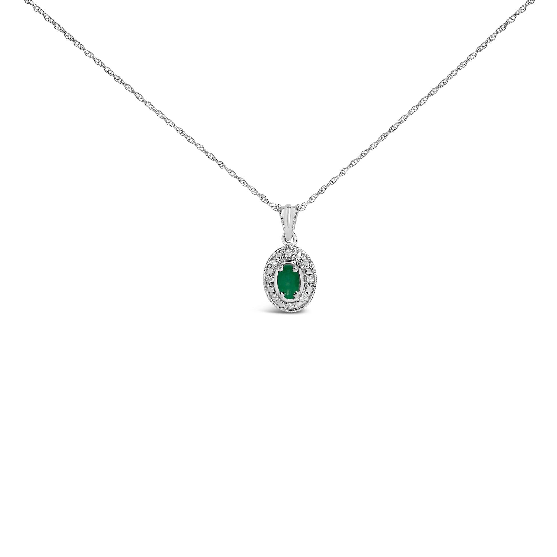 14K White Gold Oval Green Emerald and Diamond Halo Pendant Necklace - 18" Inches Bids.com