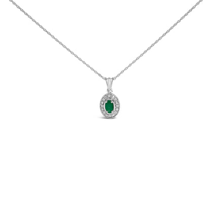 14K White Gold Oval Green Emerald and Diamond Halo Pendant Necklace - 18" Inches Bids.com