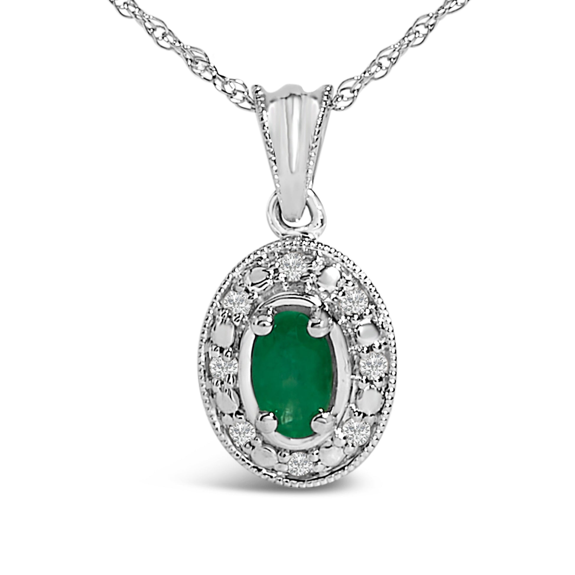 14K White Gold Oval Green Emerald and Diamond Halo Pendant Necklace - 18" Inches Bids.com
