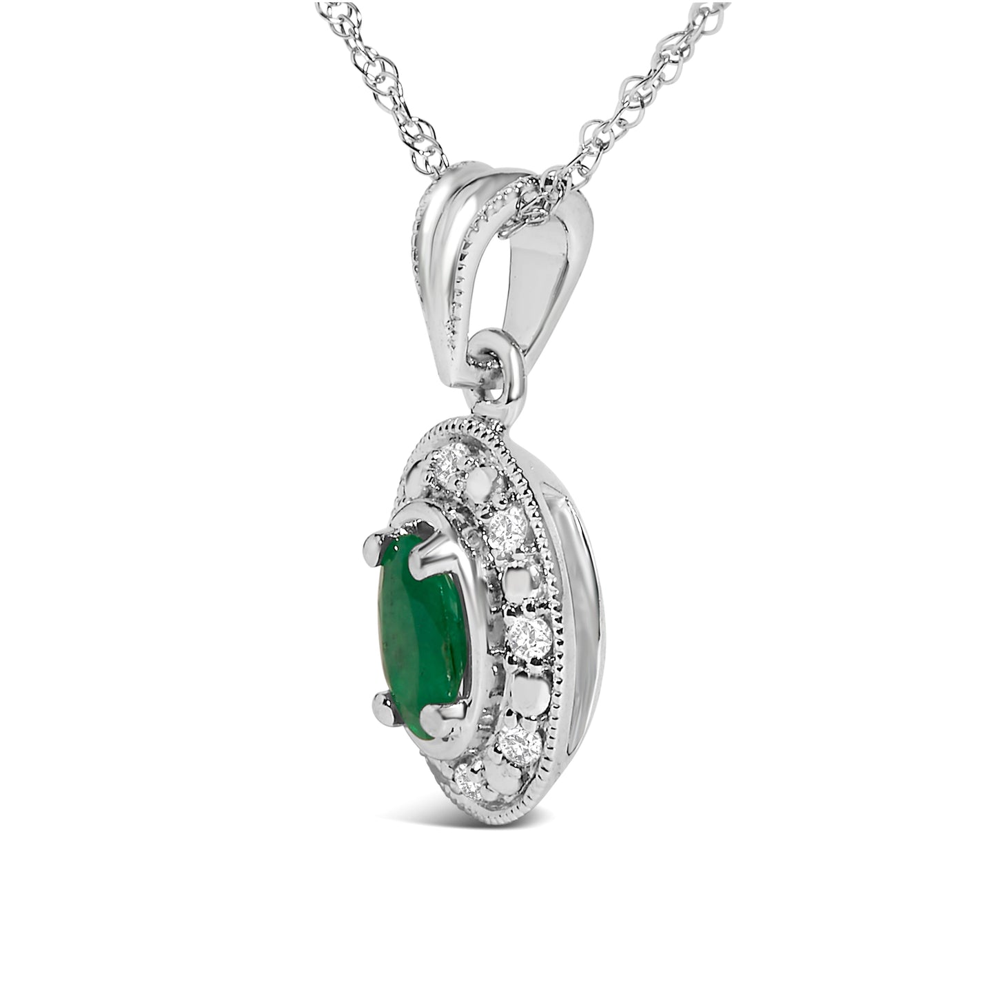 14K White Gold Oval Green Emerald and Diamond Halo Pendant Necklace - 18" Inches Bids.com