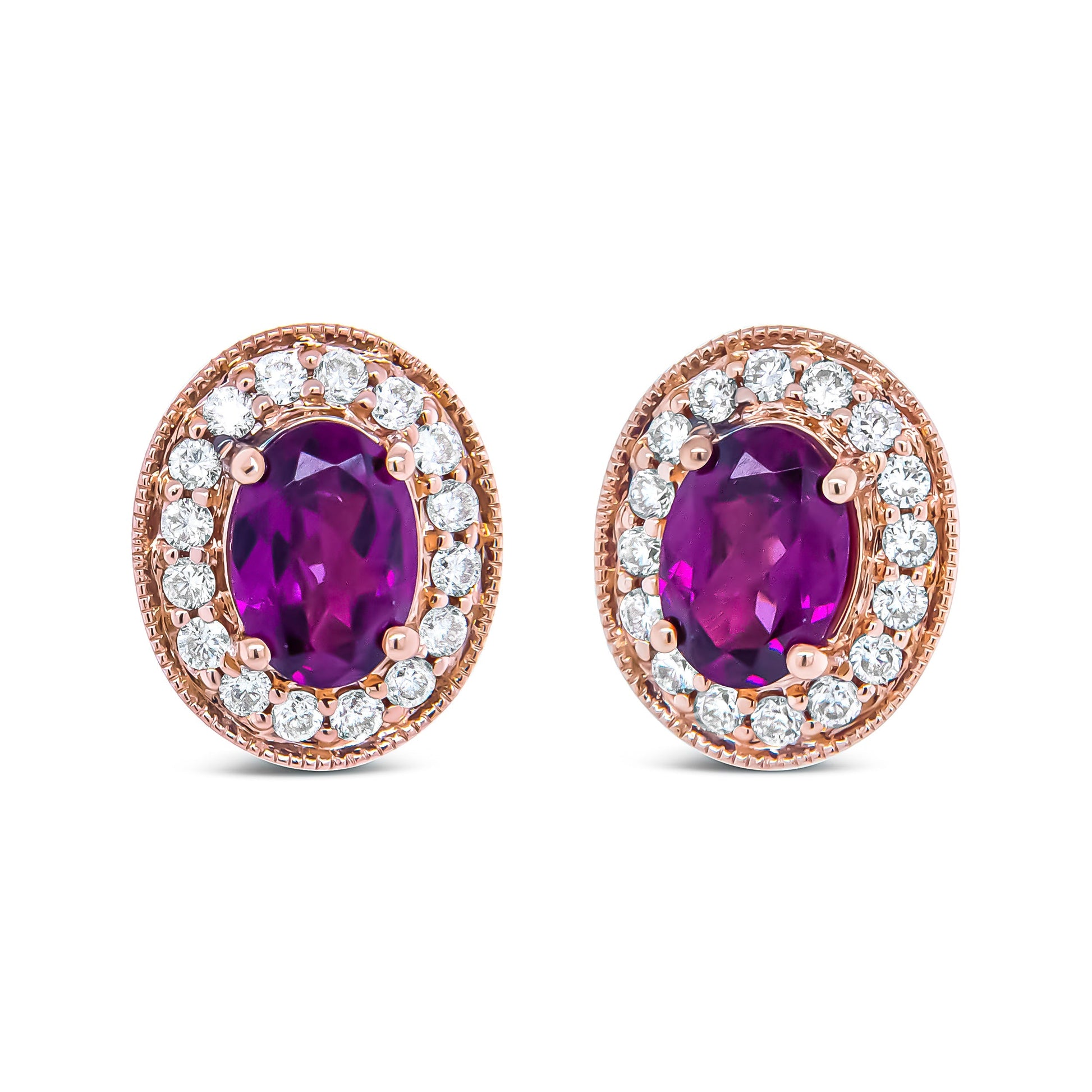14K Rose Gold 7x5mm Oval Cut Garnet and 3/8 Cttw Round Diamond Halo Stud Earrings (G-H Color, SI1-SI2 Clarity) Bids.com