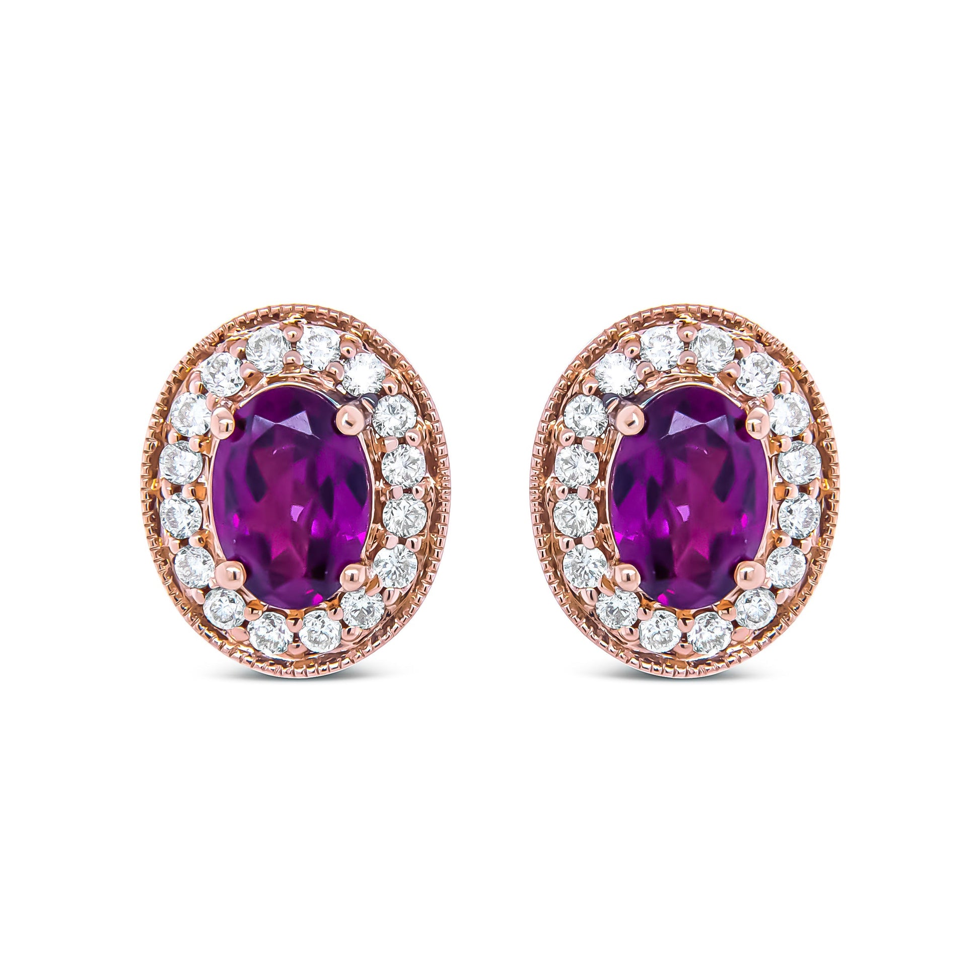 14K Rose Gold 7x5mm Oval Cut Garnet and 3/8 Cttw Round Diamond Halo Stud Earrings (G-H Color, SI1-SI2 Clarity) Bids.com