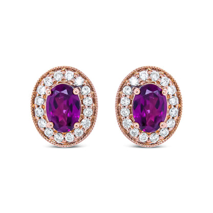 14K Rose Gold 7x5mm Oval Cut Garnet and 3/8 Cttw Round Diamond Halo Stud Earrings (G-H Color, SI1-SI2 Clarity) Bids.com