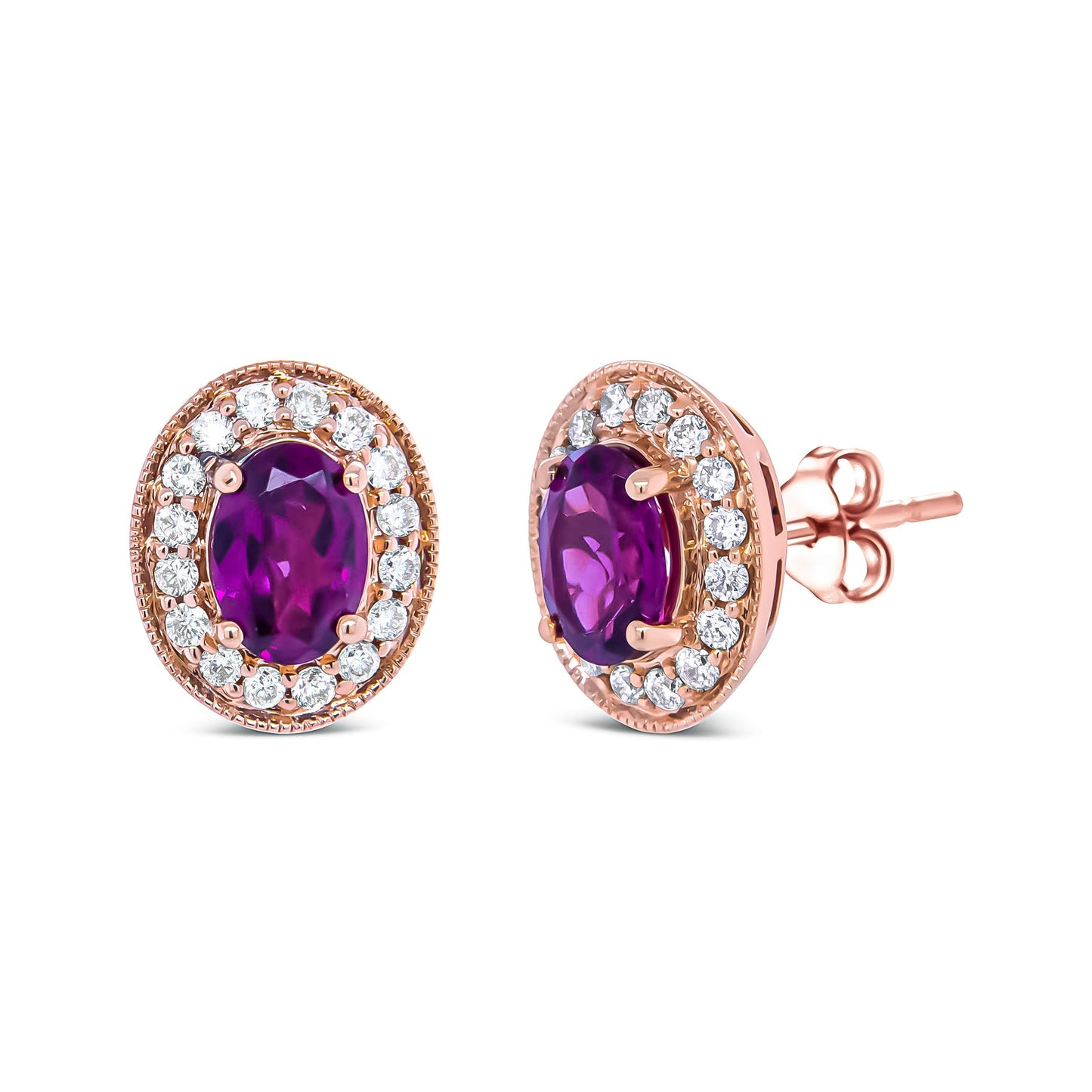 14K Rose Gold 7x5mm Oval Cut Garnet and 3/8 Cttw Round Diamond Halo Stud Earrings (G-H Color, SI1-SI2 Clarity) Bids.com
