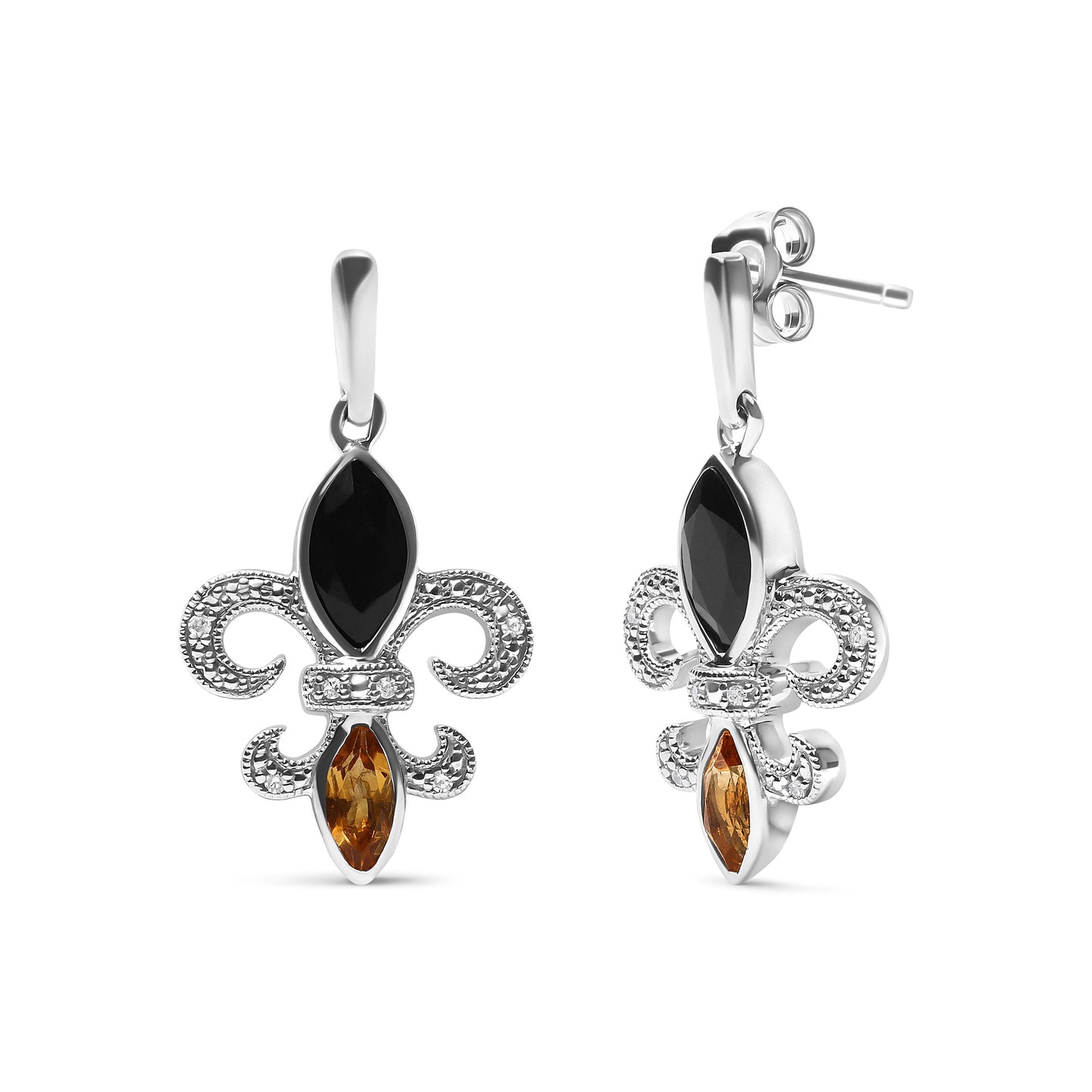.925 Sterling Silver Marquise Cut Onyx and Citrine with Diamond Accent Fleur De Lis Drop Stud Earrings (H-I Color, SI1-SI2 Clarity) Bids.com
