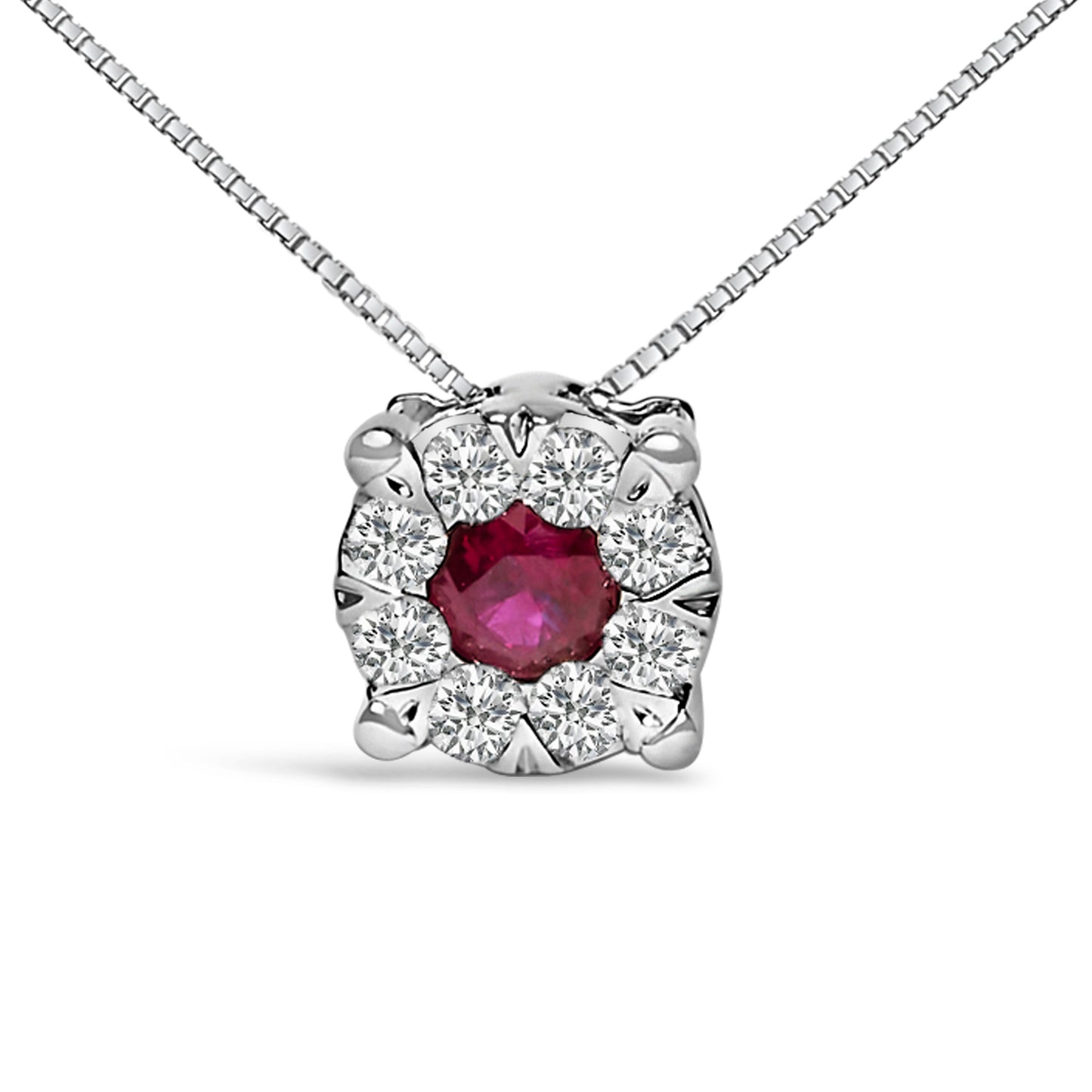 14K White Gold Red Ruby and 1/3 Cttw Diamond Halo Pendant Necklace Bids.com