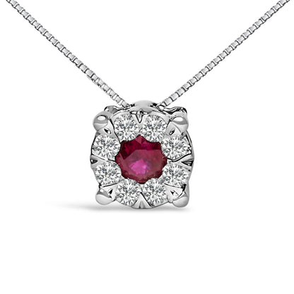 14K White Gold Red Ruby and 1/3 Cttw Diamond Halo Pendant Necklace Bids.com