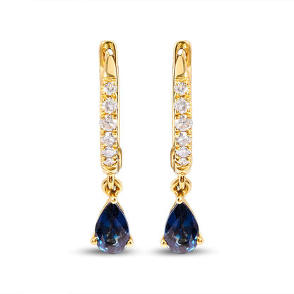 10K Yellow Gold Pear Blue Sapphire and 1/10 Cttw Diamond Drop and Dangle Huggy Hoop Earrings (H-I Color, I1-I2 Clarity) Bids.com
