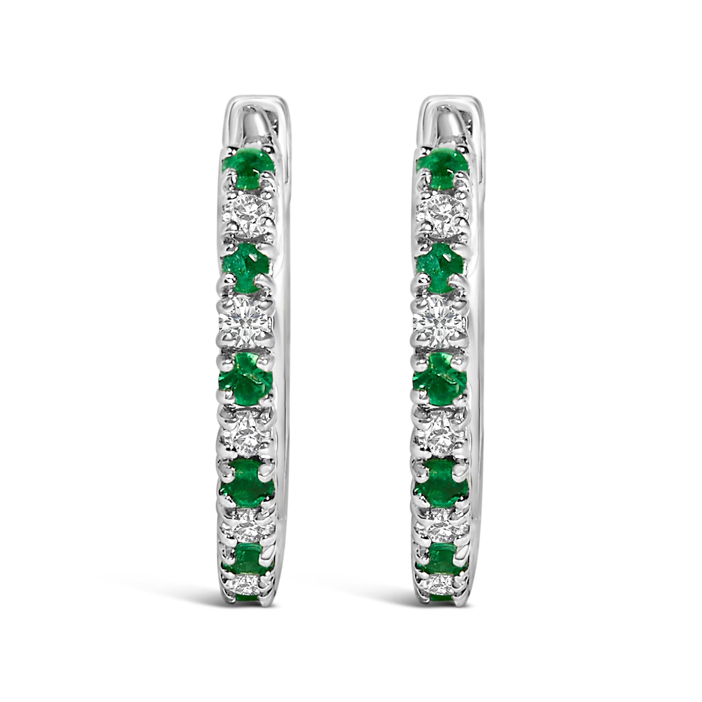 10K White Gold Alternating Emerald 1/10 Cttw Diamond Huggy Hoop Earrings (I-J Color, I1-I2 Clarity) Bids.com