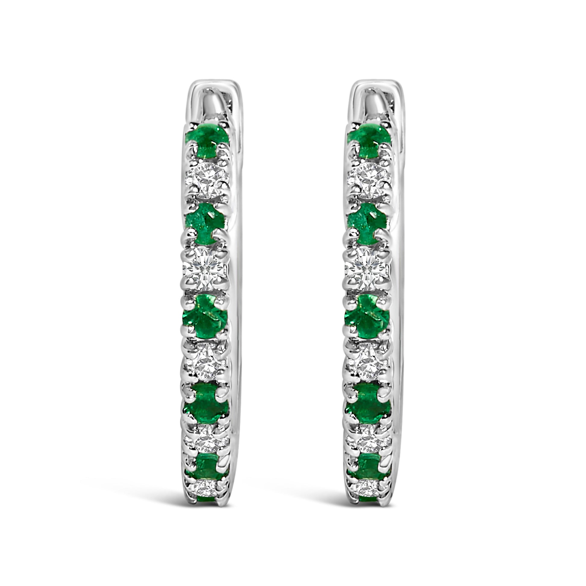 10K White Gold Alternating Emerald 1/10 Cttw Diamond Huggy Hoop Earrings (I-J Color, I1-I2 Clarity) Bids.com