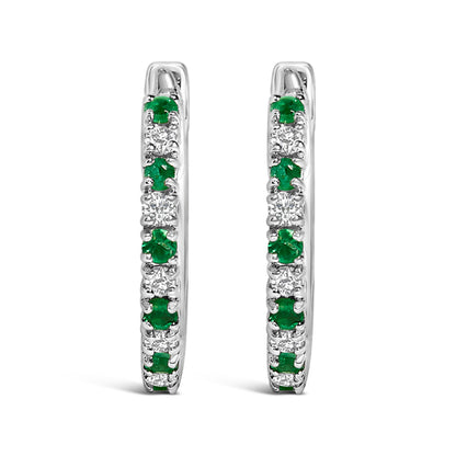 10K White Gold Alternating Emerald 1/10 Cttw Diamond Huggy Hoop Earrings (I-J Color, I1-I2 Clarity) Bids.com