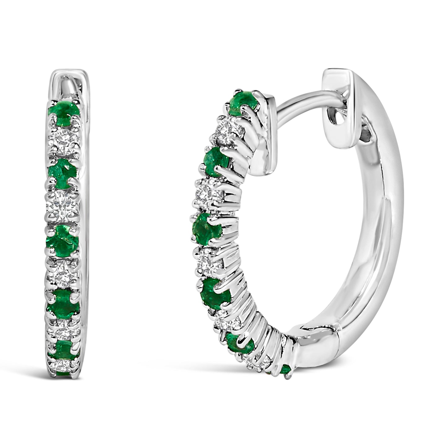 10K White Gold Alternating Emerald 1/10 Cttw Diamond Huggy Hoop Earrings (I-J Color, I1-I2 Clarity) Bids.com