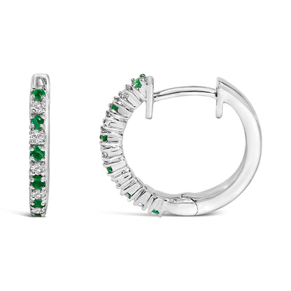 10K White Gold Alternating Emerald 1/10 Cttw Diamond Huggy Hoop Earrings (I-J Color, I1-I2 Clarity) Bids.com