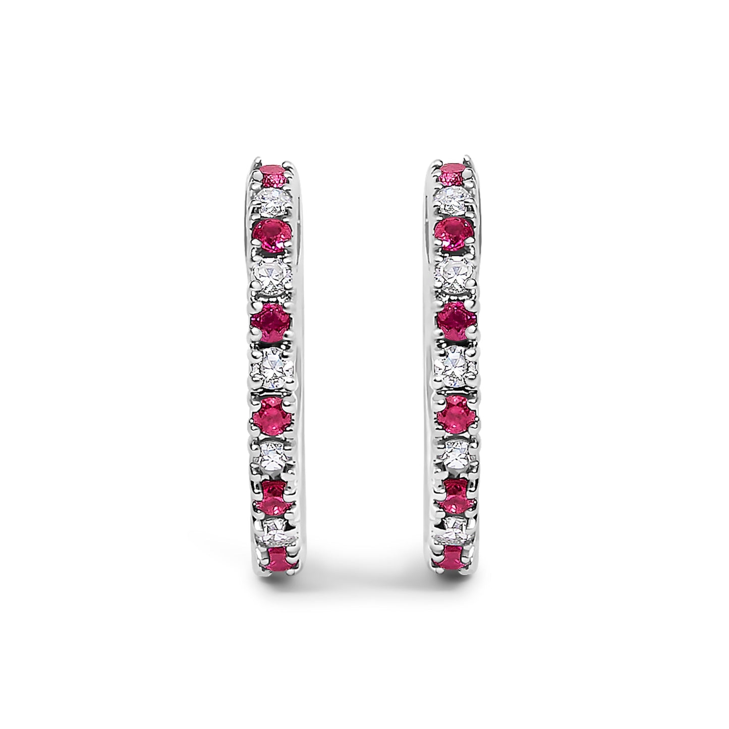 10K White Gold Alternating Diamond and Red Ruby Huggy Hoop Earrings (I-J Color, I1-I2 Clarity) Bids.com