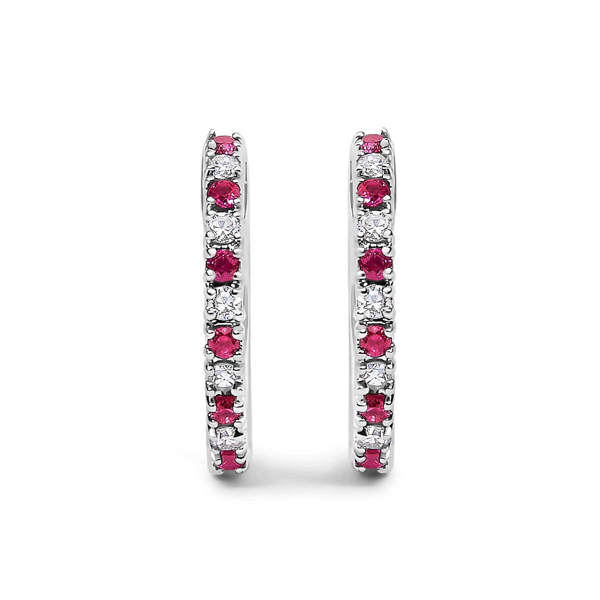 10K White Gold Alternating Diamond and Red Ruby Huggy Hoop Earrings (I-J Color, I1-I2 Clarity) Bids.com