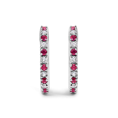 10K White Gold Alternating Diamond and Red Ruby Huggy Hoop Earrings (I-J Color, I1-I2 Clarity) Bids.com
