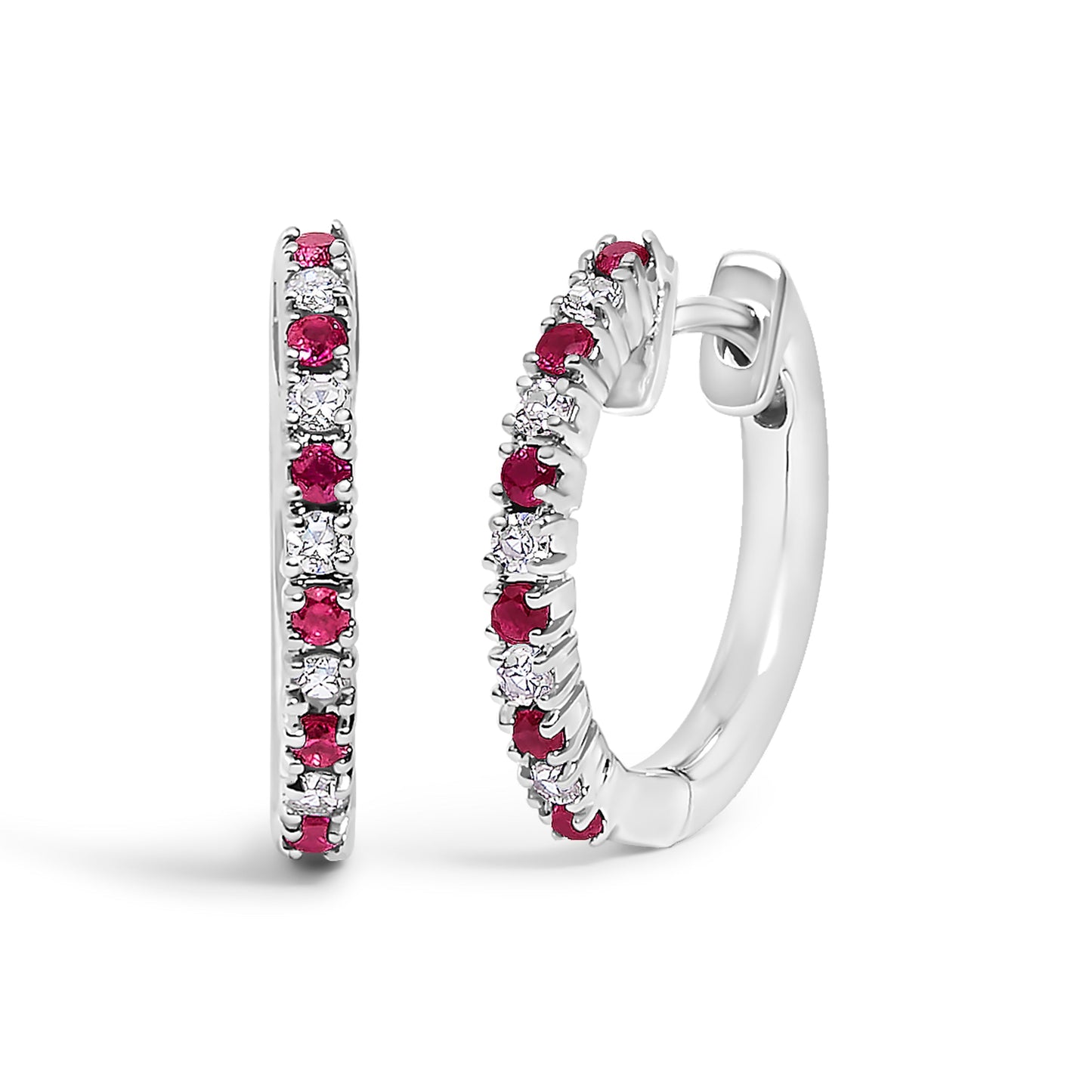 10K White Gold Alternating Diamond and Red Ruby Huggy Hoop Earrings (I-J Color, I1-I2 Clarity) Bids.com