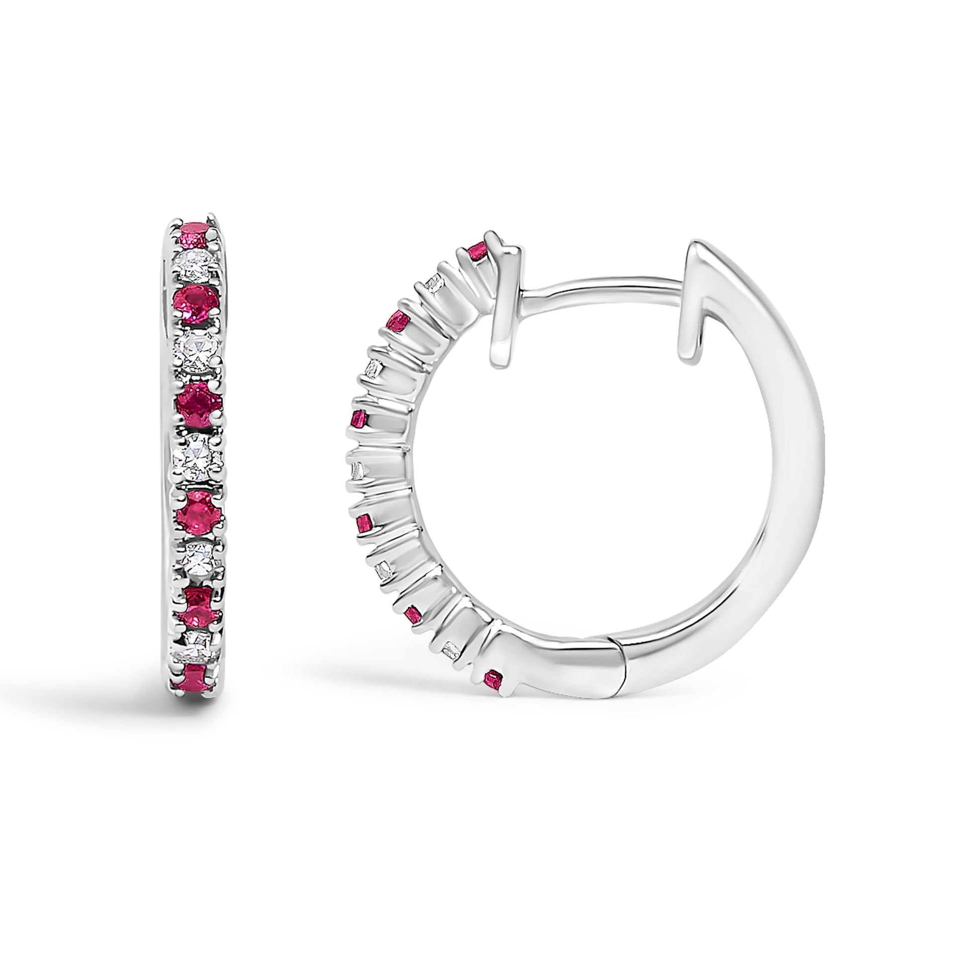 10K White Gold Alternating Diamond and Red Ruby Huggy Hoop Earrings (I-J Color, I1-I2 Clarity) Bids.com