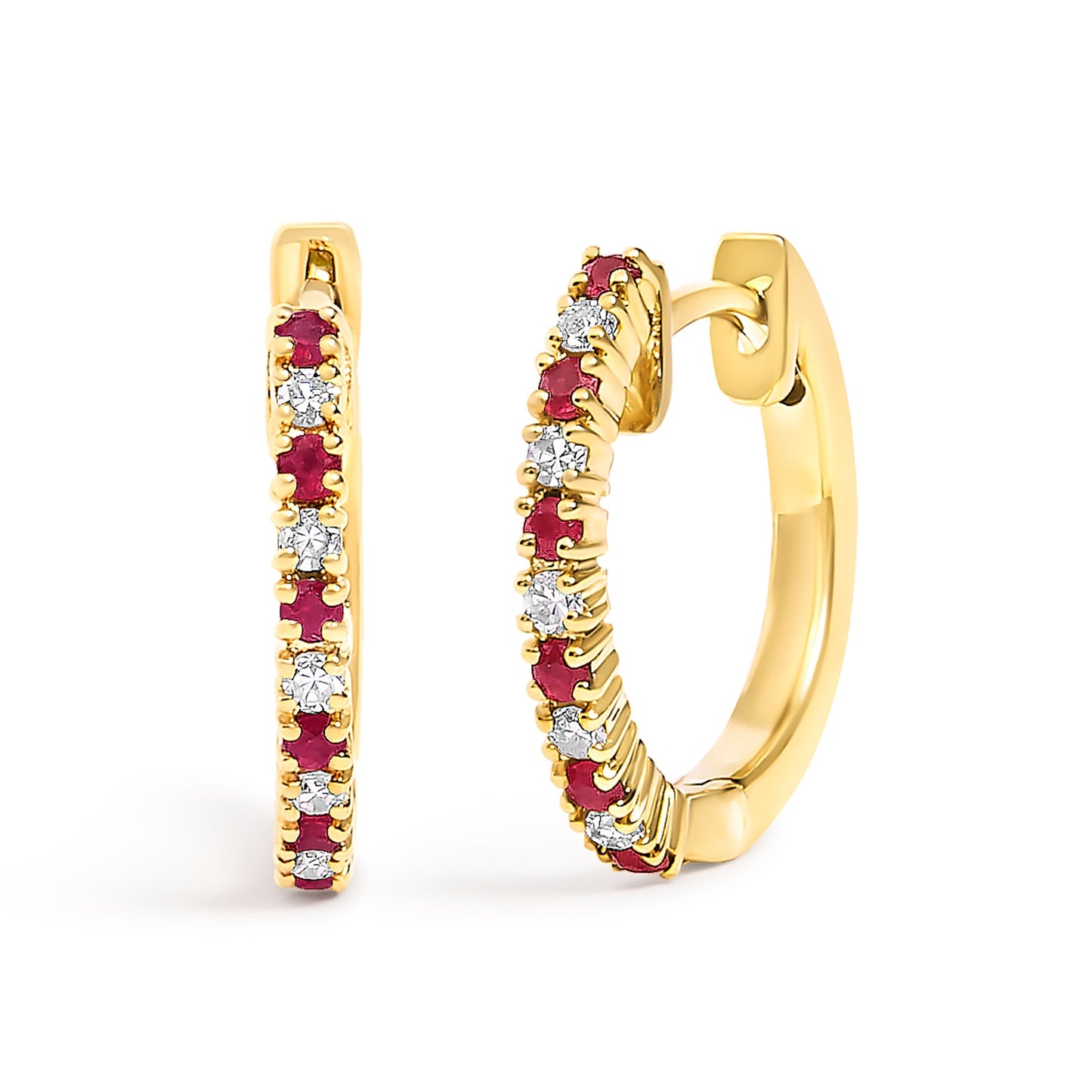 10K White Gold Alternating Diamond and Red Ruby Huggy Hoop Earrings (I-J Color, I1-I2 Clarity) Bids.com