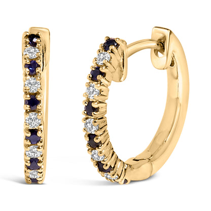 10K Yellow Gold Alternating Blue Sapphire 1/10 Cttw Diamond Huggy Hoop Earrings  (I-J Color, I1-I2 Clarity) Bids.com