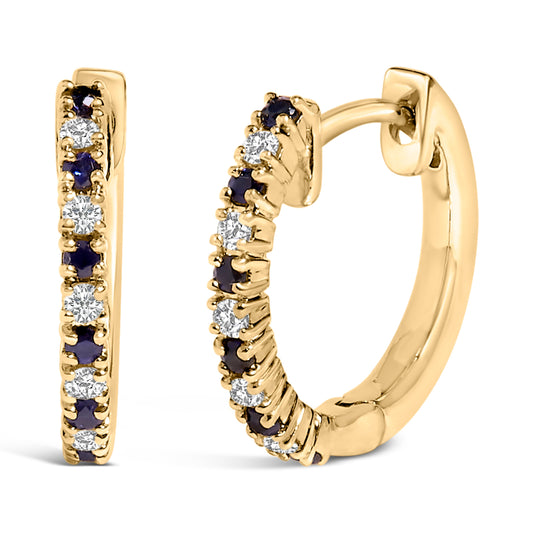 10K Yellow Gold Alternating Blue Sapphire 1/10 Cttw Diamond Huggy Hoop Earrings  (I-J Color, I1-I2 Clarity) Bids.com