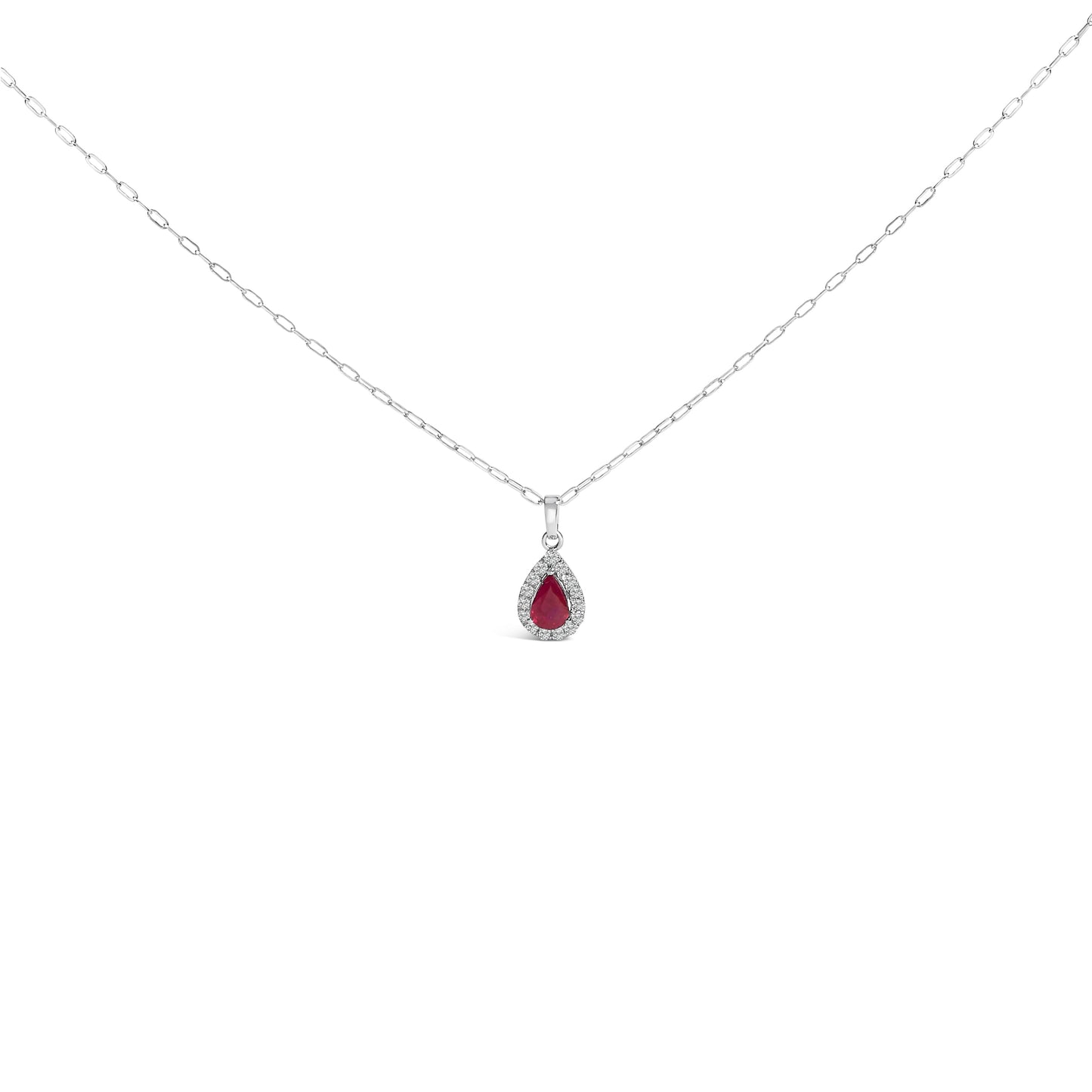 14K White Gold 6x4 Pear Red Ruby and Diamond Halo Pendant Necklace - 18" Inches Bids.com