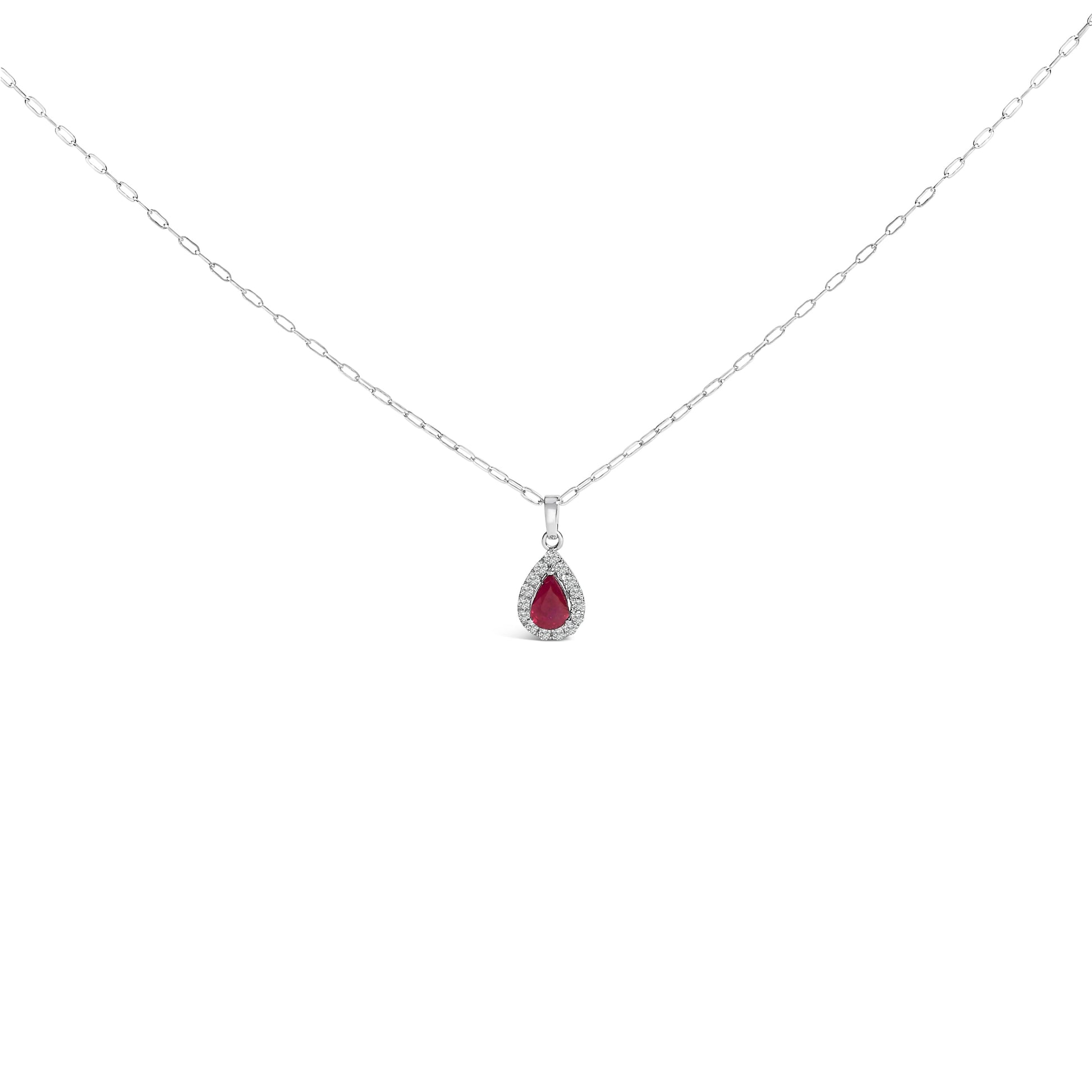 14K White Gold 6x4 Pear Red Ruby and Diamond Halo Pendant Necklace - 18" Inches Bids.com