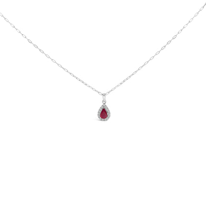 14K White Gold 6x4 Pear Red Ruby and Diamond Halo Pendant Necklace - 18" Inches Bids.com