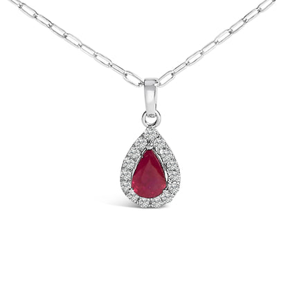 14K White Gold 6x4 Pear Red Ruby and Diamond Halo Pendant Necklace - 18" Inches Bids.com