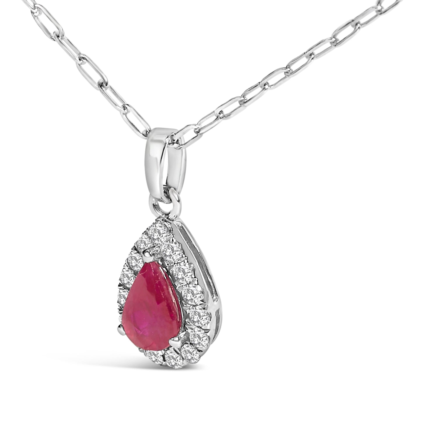 14K White Gold 6x4 Pear Red Ruby and Diamond Halo Pendant Necklace - 18" Inches Bids.com