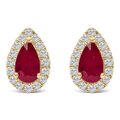 10K Yellow Gold 5X3 MM Pear-Cut Ruby and 1/7 Cttw Diamond Halo Stud Earrings (I-J Color, I1-I2 Clarity) Bids.com