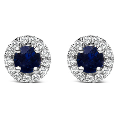 10K White Gold 3.25mm x 3.25mm Round Blue Sapphire and 1/10 Cttw Diamond Halo Stud Earrings (I-J Color, I1-I2 Clarity) Bids.com