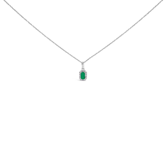 10K White Gold 5x3mm Green Emerald and Diamond Accent Halo Octagonal Shape 18" Pendant Necklace (I-J Color, I1-I2 Clarity) Bids.com