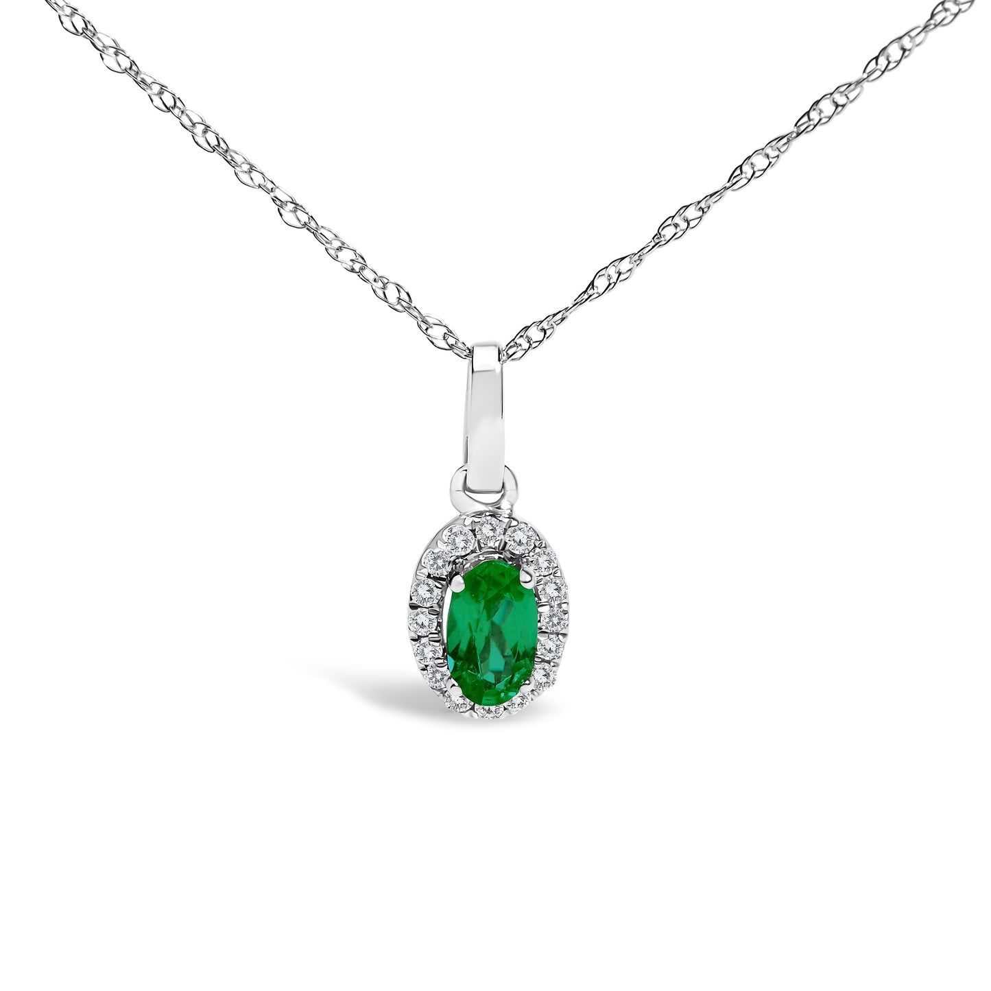10K White Gold 5x3mm Green Emerald and Diamond Accent Halo Oval Shape 18" Pendant Necklace (I-J Color, I1-I2 Clarity) Bids.com