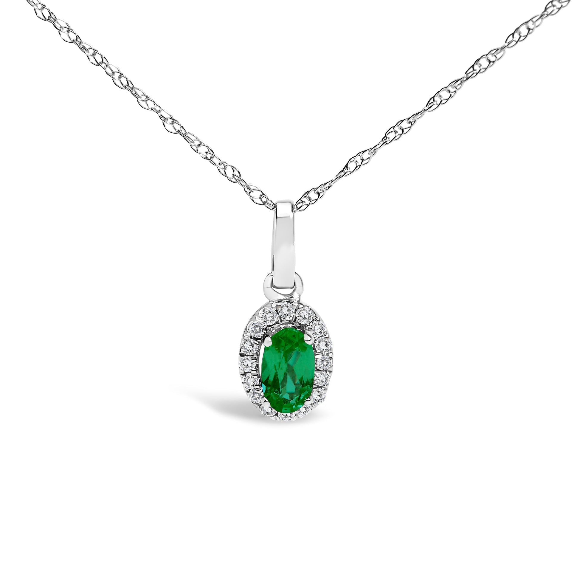 10K White Gold 5x3mm Green Emerald and Diamond Accent Halo Oval Shape 18" Pendant Necklace (I-J Color, I1-I2 Clarity) Bids.com