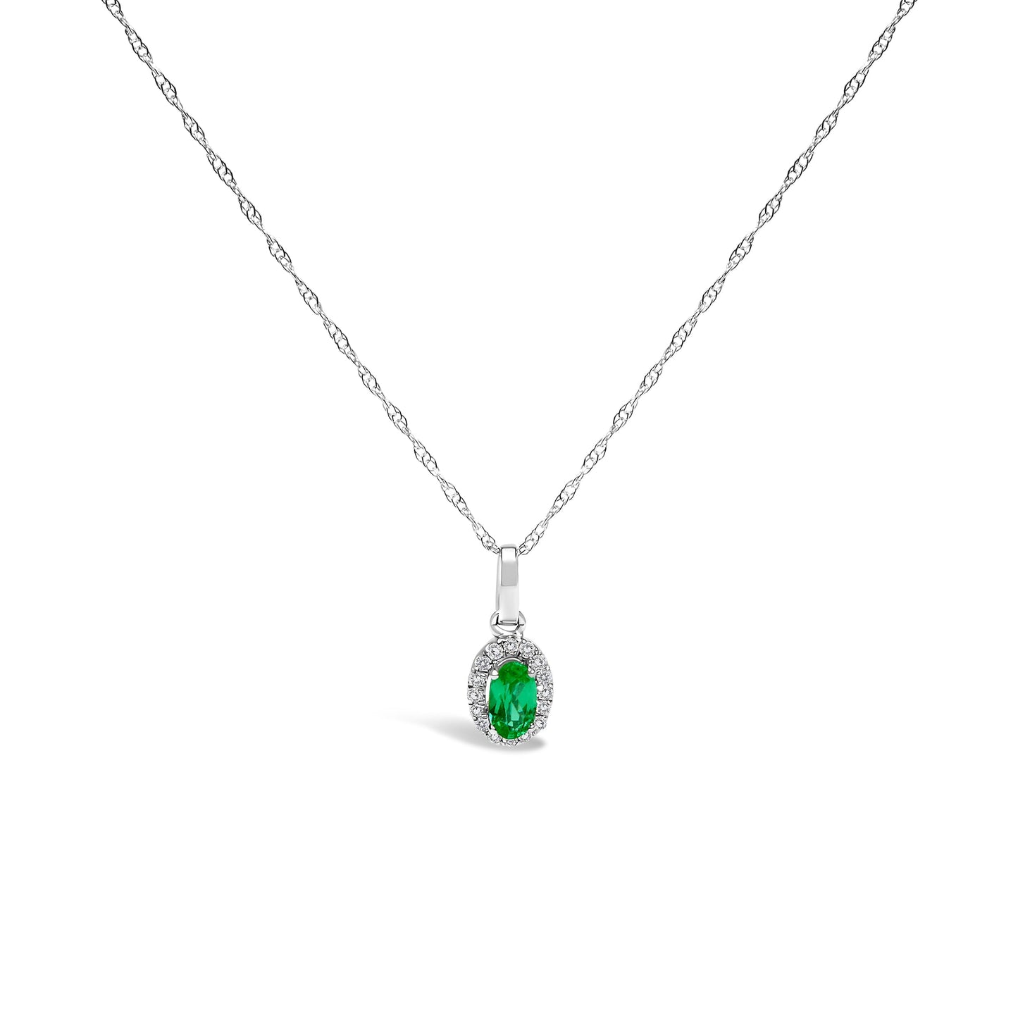 10K White Gold 5x3mm Green Emerald and Diamond Accent Halo Oval Shape 18" Pendant Necklace (I-J Color, I1-I2 Clarity) Bids.com