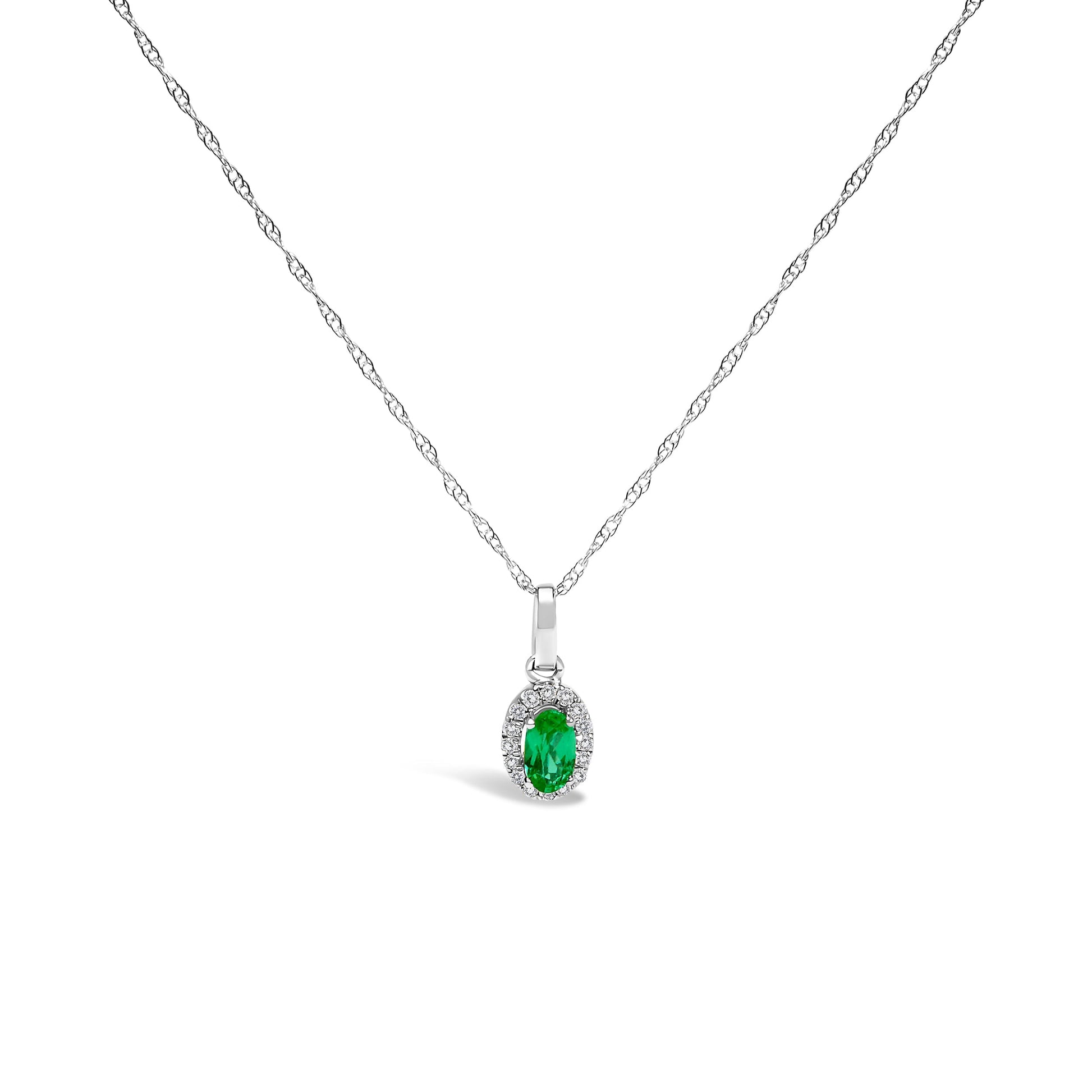 10K White Gold 5x3mm Green Emerald and Diamond Accent Halo Oval Shape 18" Pendant Necklace (I-J Color, I1-I2 Clarity) Bids.com