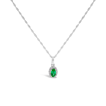 10K White Gold 5x3mm Green Emerald and Diamond Accent Halo Oval Shape 18" Pendant Necklace (I-J Color, I1-I2 Clarity) Bids.com