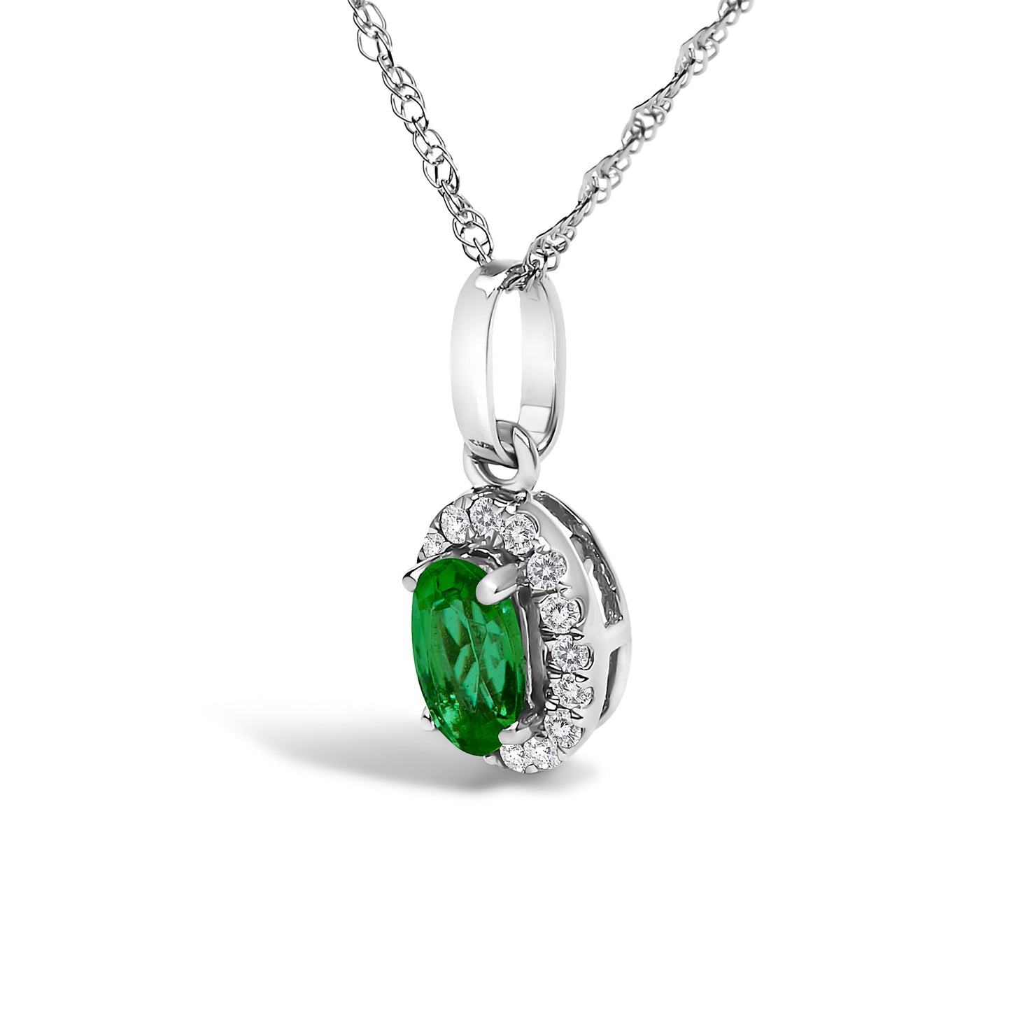 10K White Gold 5x3mm Green Emerald and Diamond Accent Halo Oval Shape 18" Pendant Necklace (I-J Color, I1-I2 Clarity) Bids.com