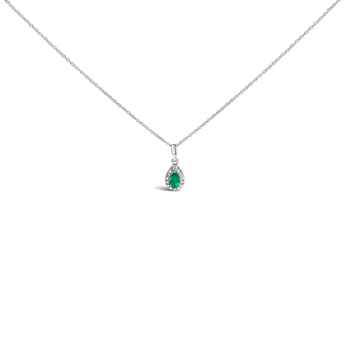 10K White Gold 5x3mm Green Emerald and Diamond Accent Halo Pear Shape 18" Pendant Necklace (I-J Color, I1-I2 Clarity) Bids.com