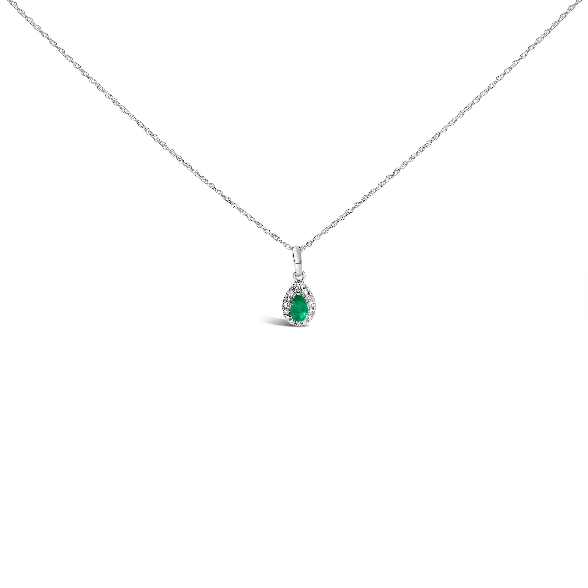 10K White Gold 5x3mm Green Emerald and Diamond Accent Halo Pear Shape 18" Pendant Necklace (I-J Color, I1-I2 Clarity) Bids.com