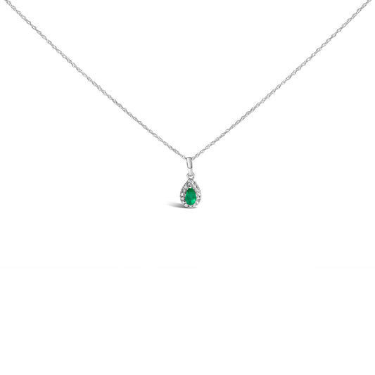 10K White Gold 5x3mm Green Emerald and Diamond Accent Halo Pear Shape 18" Pendant Necklace (I-J Color, I1-I2 Clarity) Bids.com